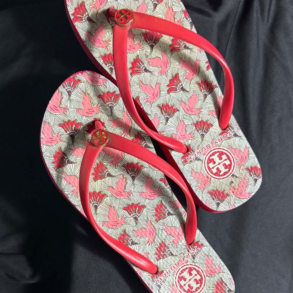 Tory Burch Pink and Red Floral Sandals
